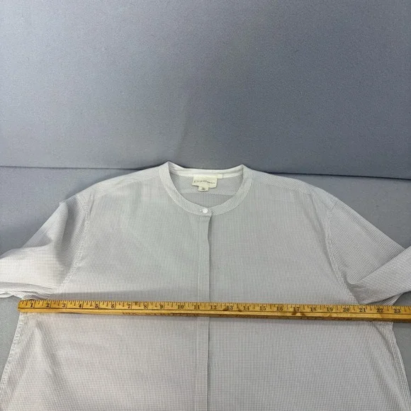 Pure DKNY Tunic Top Large Gray White Gingham Ruffle Hem Roll‎ Tab Sleeves Preppy - Picture 8 of 12